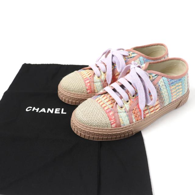 未使用品☆CHANEL シャネル G32383 ココマーク ツイード レザー ローカットスニーカー マルチカラー 34 保存袋付 イタリア製 レディース_1