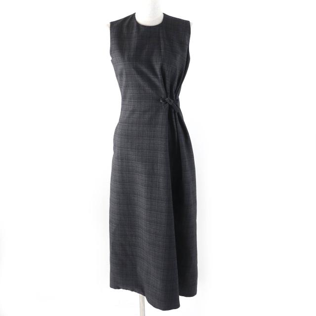 極美品△Christian Dior クリスチャンディオール 2023年 341R30A1518 ウール100％ リボン付 チェック ノースリーブ ワンピース 38 正規品