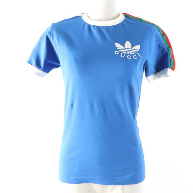 未使用品☆GUCCI×adidas  グッチ×アディダス 691637 コットン トレフォイルプリント 半袖Ｔシャツ ブルー S 伊製 正規品 レディース