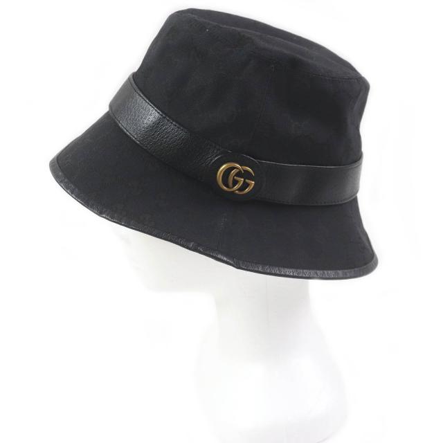美品□GUCCI グッチ 576587 GGキャンバス レザーパイピング フェドラハット バケットハット ブラック M/58cm イタリア製 正規品 メンズ_1