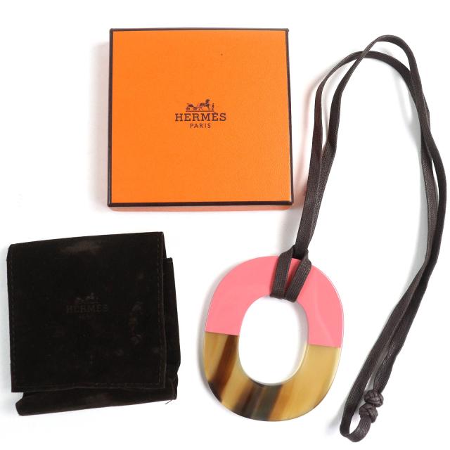 極美品△HERMES エルメス イスム バイカラー ペンダント ネックレス バッファローホーン ラッカー ウッドベージュ ピンク レディース_1