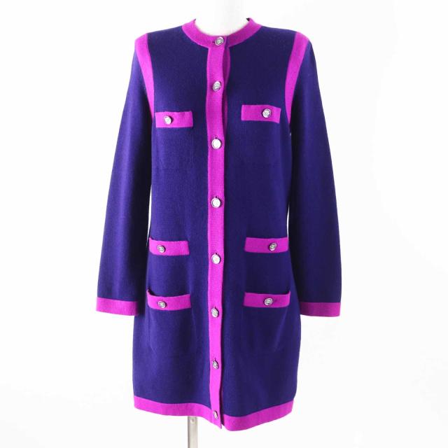極美品◎CHANEL シャネル 23AW P75656 カシミヤ100％ ラインストーン ココマークボタン ロングニット カーディガン ネイビー パープル 36