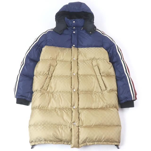 極美品□GUCCI グッチ 590744 GGロゴ総柄 サイドライン フーデッド ダウンコート ベンチコート ブルー ゴールド 50 イタリア製 正規品