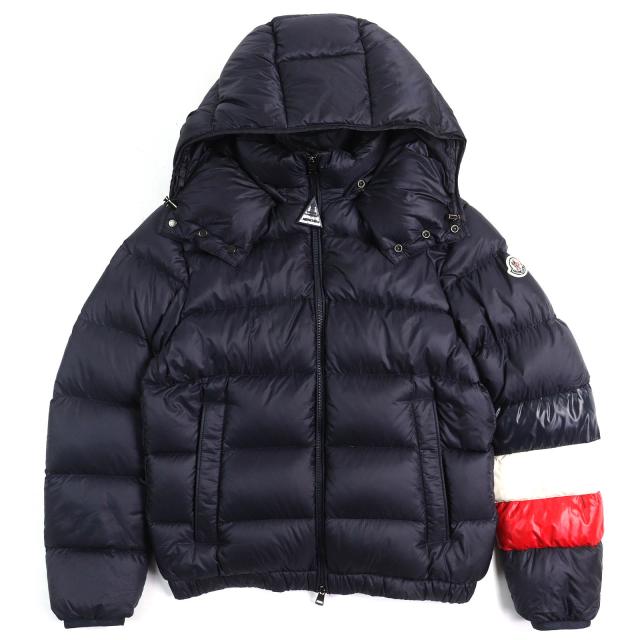 良品△MONCLER モンクレール WILLM ウィルム ロゴワッペン トリコロール フード付き ダブルジップ ダウンジャケット ネイビー 0 正規品
