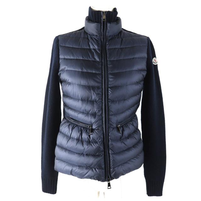 極美品△MONCLER モンクレール MAGLIONE TRICOT カシミヤ混 カーディガン ニット切替 ロゴワッペン ブルゾン ダウンジャケット XS 正規品