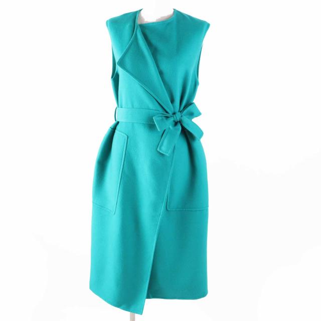 未使用品◎HERMES エルメス 24SS 4E0177DC カシミヤ100％ セリエボタン ベルトラップ ロングジレ／ベスト 緑 34 ハンガー・ガーメント付