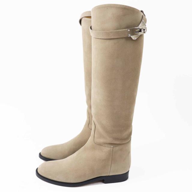 未使用品◎HERMES エルメス シルバー金具 ケリーバックル シェーヴル・ヴェロア ジャンピングブーツ／ロングブーツ ベージュサーブル 34