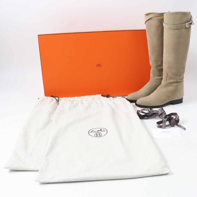 未使用品◎HERMES エルメス シルバー金具 ケリーバックル シェーヴル・ヴェロア ジャンピングブーツ／ロングブーツ ベージュサーブル 34_1