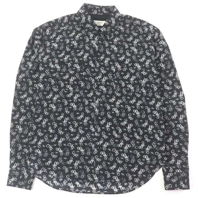 極美品□SAINT LAURENT PARIS サンローランパリ 2019年製 515299 シルク100％ バイク 総柄 長袖シャツ ブラック 36 イタリア製 正規品