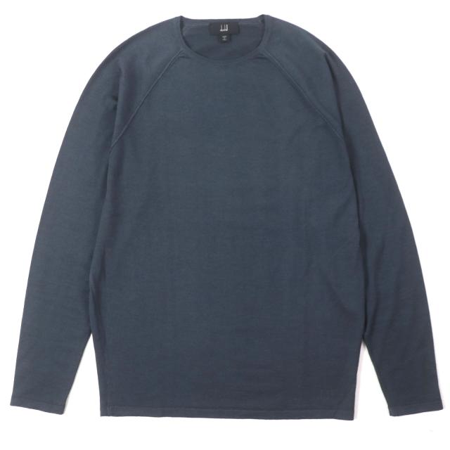 美品▼Dunhill ダンヒル カシミヤ100% ロゴ刺繍 クルーネック ロングスリーブ 長袖 ハイゲージ ニット ネイビー M 伊製 正規品 メンズ
