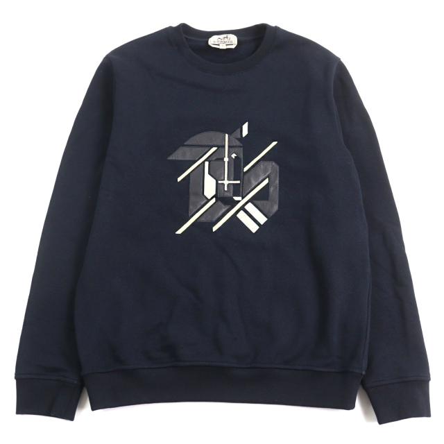美品○HERMES エルメス 23SS シュヴォー アン シンメトリー 羊革 レザーパッチ 裏起毛 クルーネック スウェットシャツ S 正規品 メンズ
