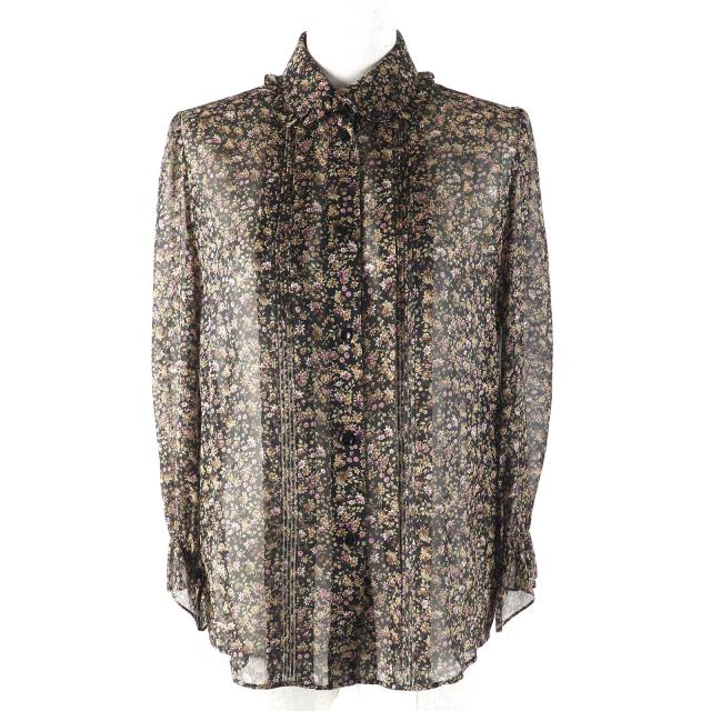 極美品△CELINE セリーヌ シルク100％ フラワープリント 花柄 フリルカラー ロゴボタン シフォン 長袖 シャツ ブラウス 34 伊製 正規品