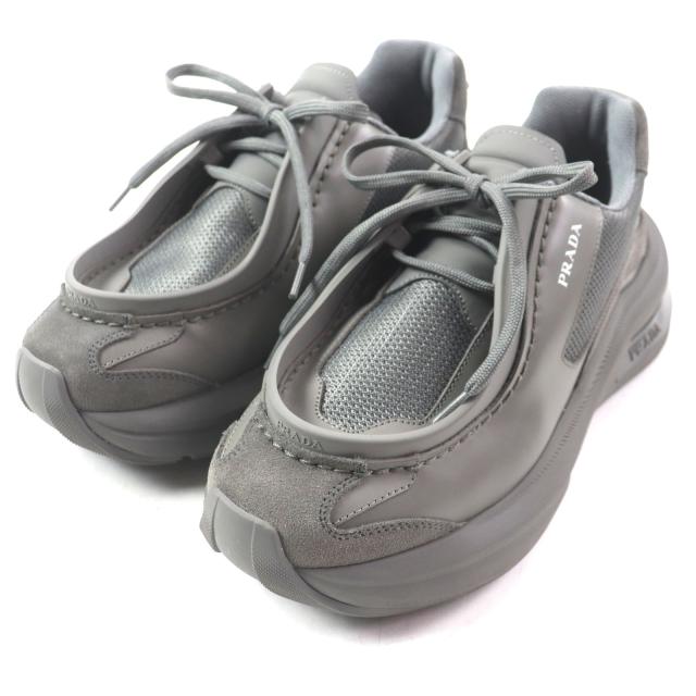 美品▼PRADA プラダ 2EG424 SYSTEM システム トライアングルロゴ 三角プレート ロゴ入り レザースニーカー グレー 6 箱・保存袋付 メンズ