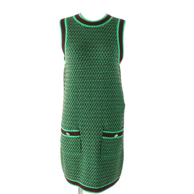 未使用品△CHANEL シャネル 23A P75435 カシミヤ100％ ココマークボタン 総柄 クルーネック ノースリーブ ニット ワンピース 34 正規品