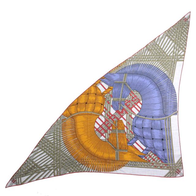 美品△HERMES エルメス トライアングル ジェアン マサン＆マサン カシミヤシルク ブルー・ラヴァンド / ミエル / グリ・シネ 定161700円