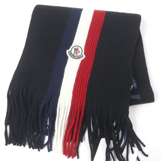 MONCLER ブラック ウールマフラー フリンジ付き 未使用品□MONCLER モンクレール 2023年製 トリコロール ロゴ