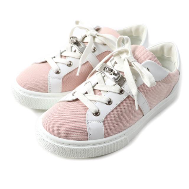 極美品★HERMES エルメス 2022年製 デイ ケリーバックル付 レザー使い レースアップ キャンバス スニーカー ピンク 36.5 箱・保存袋付