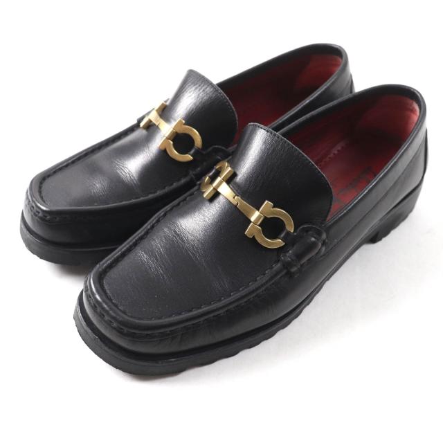 美品★Salvatore Ferragamo SPORT サルヴァトーレ フェラガモ スポーツ ダブルガンチーニ スクエアトゥ レザー ローファー ブラック 5.5