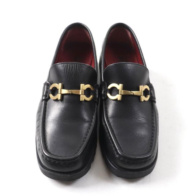 美品★Salvatore Ferragamo SPORT サルヴァトーレ フェラガモ スポーツ ダブルガンチーニ スクエアトゥ レザー ローファー ブラック 5.5_2