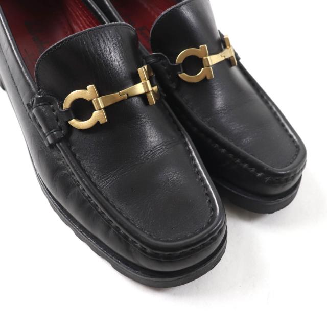 美品★Salvatore Ferragamo SPORT サルヴァトーレ フェラガモ スポーツ ダブルガンチーニ スクエアトゥ レザー ローファー ブラック 5.5_6