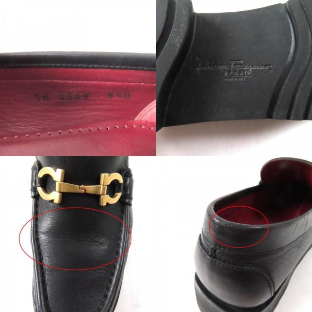 美品★Salvatore Ferragamo SPORT サルヴァトーレ フェラガモ スポーツ ダブルガンチーニ スクエアトゥ レザー ローファー ブラック 5.5_9