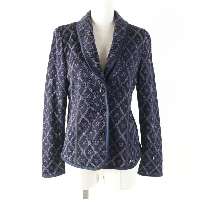 極美品★LEONARD FASHION レオナール ファッション シルク混 ロゴプレート付 総柄 メッシュ ラメ ニットジャケット ネイビー 40 正規品