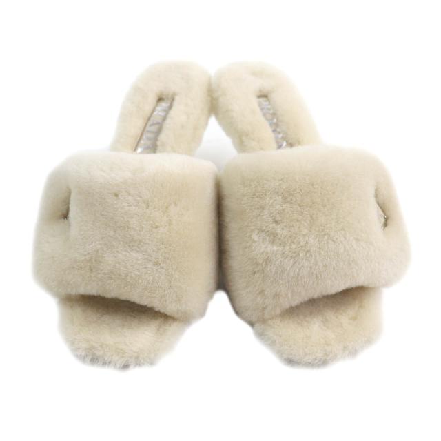 未使用品★PRADA プラダ 1XX654 トライアングルロゴプレート付 シープファー サンダル ベージュ 37 箱・保存袋付 イタリア製 レディース_3
