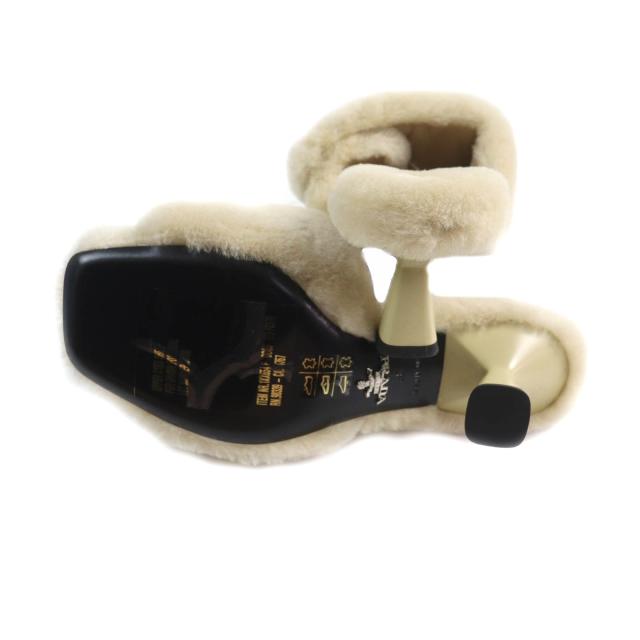 未使用品★PRADA プラダ 1XX654 トライアングルロゴプレート付 シープファー サンダル ベージュ 37 箱・保存袋付 イタリア製 レディース_6