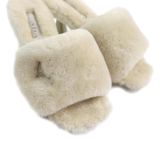 未使用品★PRADA プラダ 1XX654 トライアングルロゴプレート付 シープファー サンダル ベージュ 37 箱・保存袋付 イタリア製 レディース_7