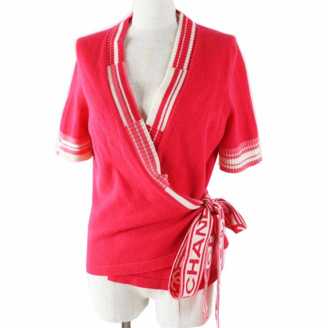 極美品◎CHANEL シャネル P60724 カシミヤ100％ ココマーク・ロゴライン 半袖 カシュクール ニットカーディガン レッド ホワイト 38 UK製