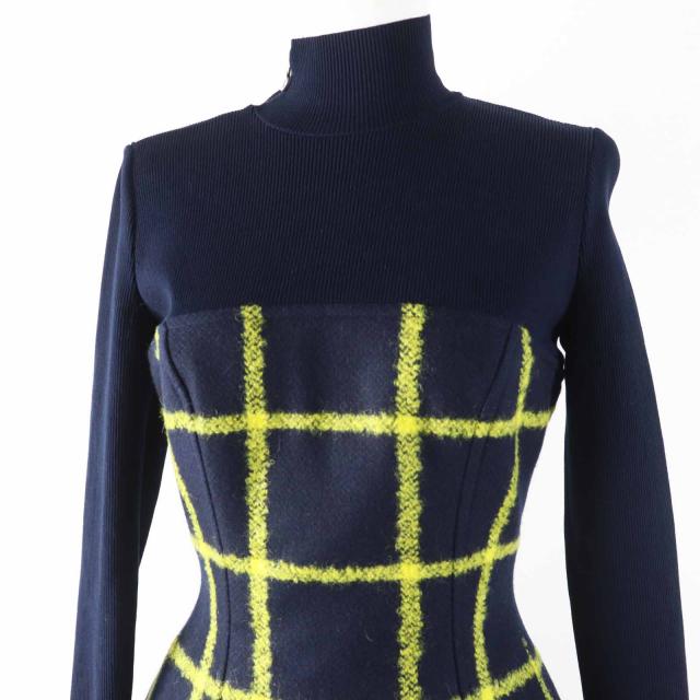 極美品◎Christian Dior クリスチャンディオール 5A21617A1161 ランウェイ着用 チェック フレア ワンピース ネイビー イエロー 38 正規品_1