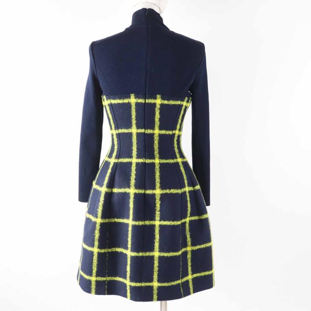 極美品◎Christian Dior クリスチャンディオール 5A21617A1161 ランウェイ着用 チェック フレア ワンピース ネイビー イエロー 38 正規品_3