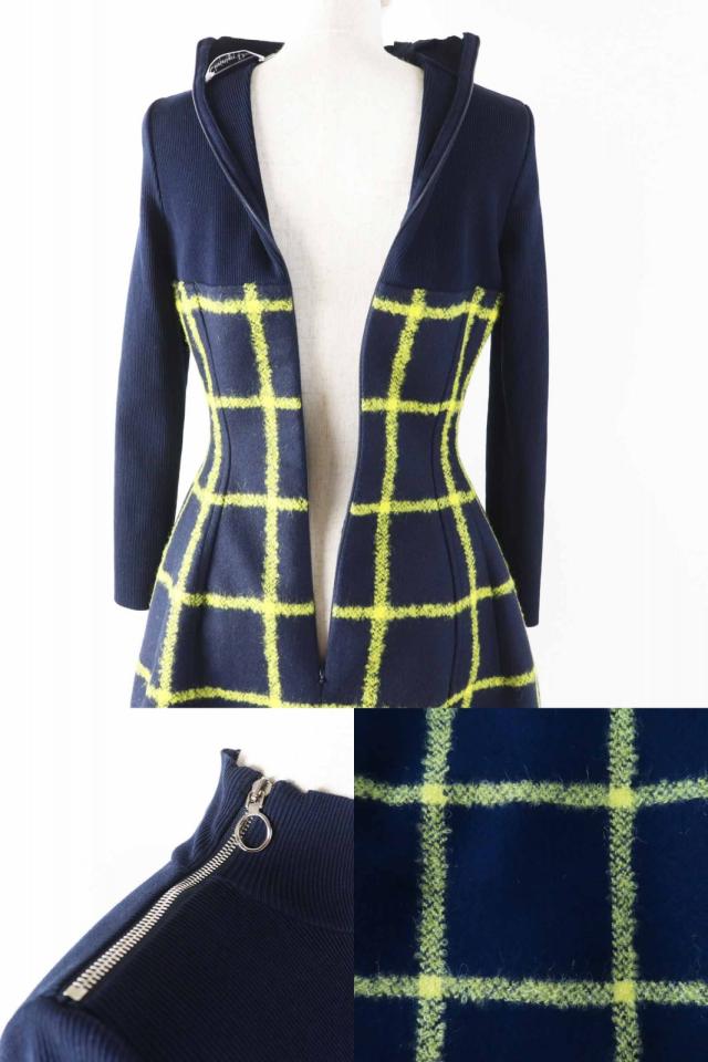 極美品◎Christian Dior クリスチャンディオール 5A21617A1161 ランウェイ着用 チェック フレア ワンピース ネイビー イエロー 38 正規品_4