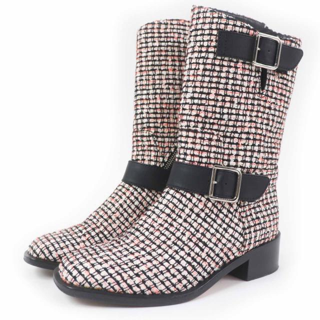 美品◎CHANEL シャネル G27805 ココマーク付き サイドZIP ツイード レザー エンジニアブーツ マルチ シルバー金具 35.5 伊製 レディース