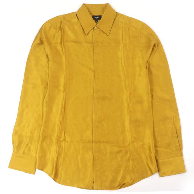 極美品□FENDI フェンディ 2021年製 FS0808 シルク100％ ロゴ総柄 ズッカ フライフロント 長袖シャツ イエロー 38 イタリア製 正規品