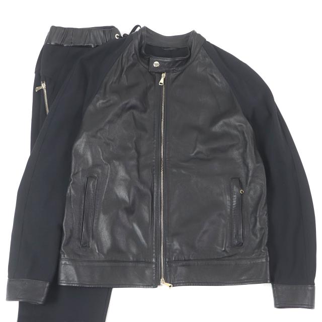 美品□EMMETI エンメティ 羊革 レザー切替デザイン ライダース ジョガーパンツ 上下セットアップ ブラック 50・48 イタリア製 正規品