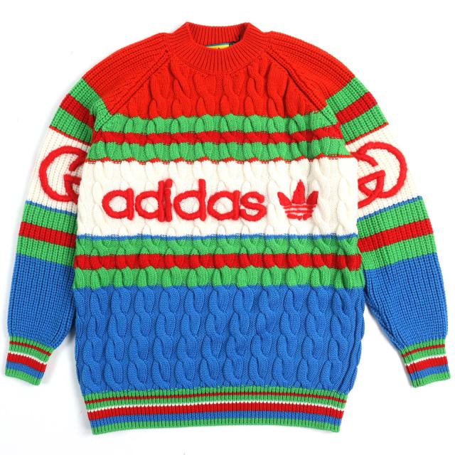 未使用品△GUCCI×adidas グッチ×アディダス 717722 ウール モヘア インターロッキングG ウェブライン ケーブルニット XS 伊製 正規品