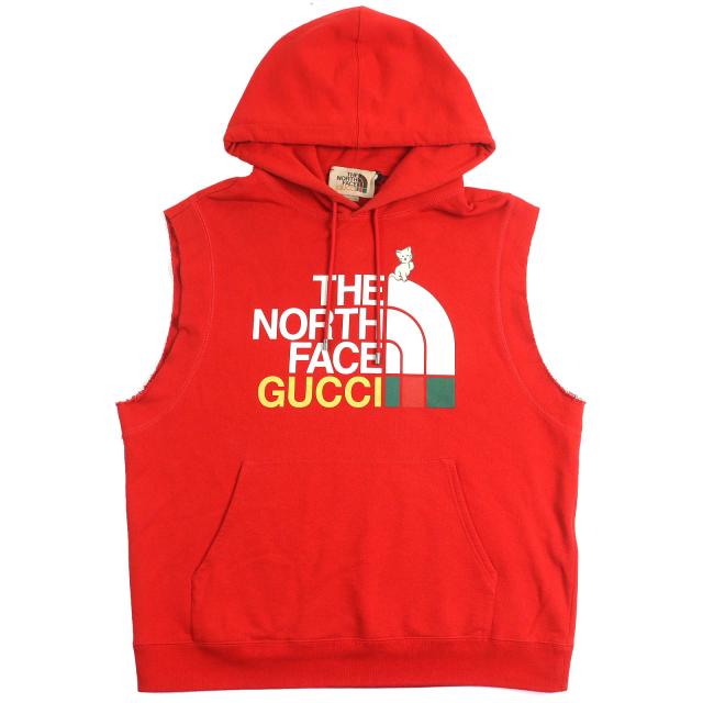 美品△GUCCI×THE NORTH FACE グッチ×ザ・ノースフェイス 663243 ロゴプリント ノースリーブ パーカー 赤 L 正規品