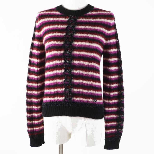 極美品◎CHANEL シャネル P75766 ココマークプレート付き ココマークチェーン ボーダー柄 長袖 ニット マルチ 34 イタリア製 レディース