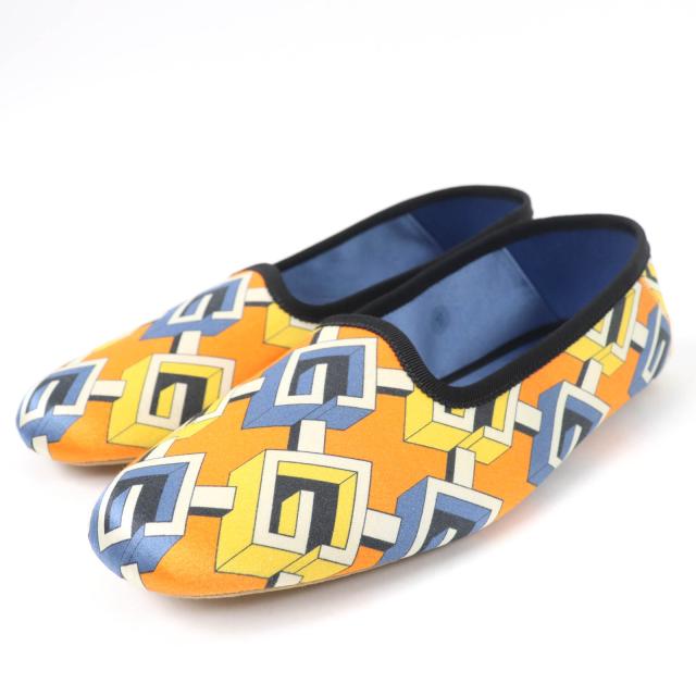 未使用品☆GUCCI グッチ ジオメトリックG ロゴ総柄 サテン ルームシューズ オレンジ系 37 箱・保存袋付き イタリア製 レディース