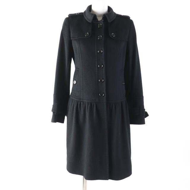 美品☆BURBERRY LONDON バーバリーロンドン カシミヤ100％ ロゴボタン 裏地チェック柄 コート ブラック 38 日本製 正規品 レディース