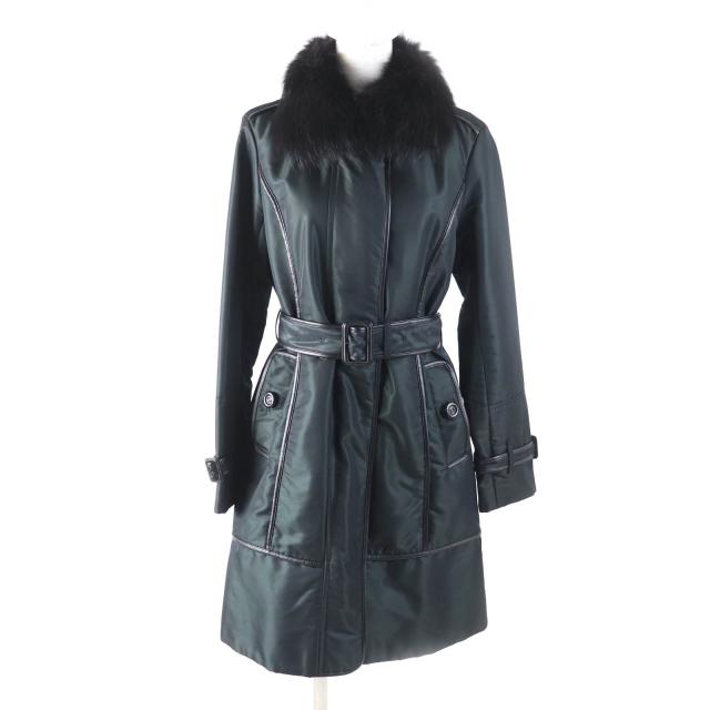 美品★BURBERRY LONDON バーバリーロンドン 襟元FOXファー ラムレザーパイピング 比翼仕立て ベルテッドコート ダークグリーン 38 正規品