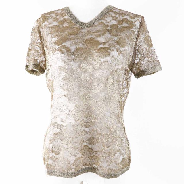 極美品◎Salvatore Ferragamo サルヴァトーレフェラガモ ロゴボタン付き 総レース 半袖 カットソー ゴールド 約M ケース付き レディース