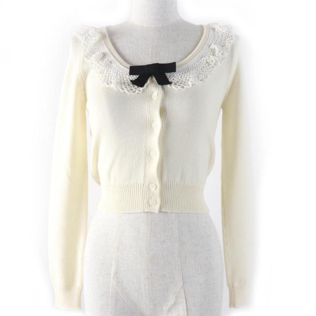 美品☆MIUMIU ミュウミュウ 2021年製 MMF482 バージンウール100％ クロップド 長袖ニット カーディガン アイボリー 36 正規品 レディース