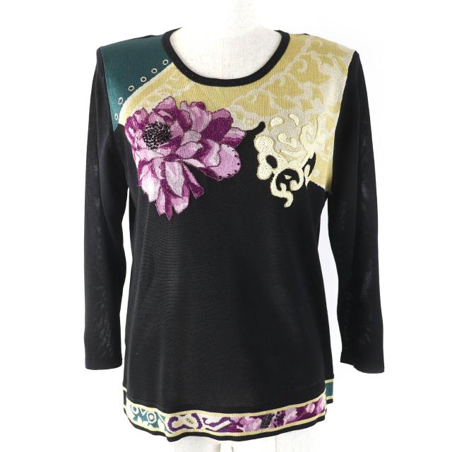 極美品△LEONARD FASHION レオナール ファッション シルク混 ラインストーン・ビーズ装飾 フラワーモチーフ ロゴ刺繍 ニット LL 正規品