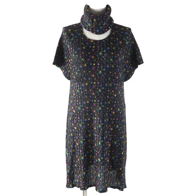極美品△PLEATS PLEASE プリーツプリーズ イッセイミヤケ PP23-FH345 スヌード付き 星柄 総柄 半袖 ワンピース マルチカラー 3 正規品