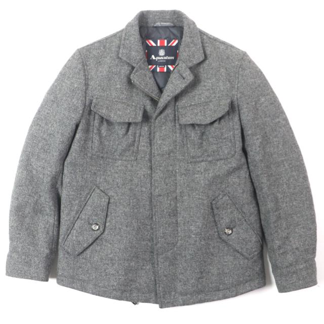 極美品▼Aquascutum アクアスキュータム ツイード ロゴ入りボタン 比翼仕立て ジップアップ ダウンジャケット グレー M 正規品 メンズ