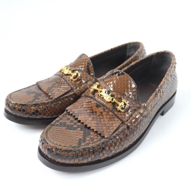 極美品☆CELINE セリーヌ ルコ  サルキー パイソンレザー ローファー ブラウン ゴールド金具 39 保存袋付き イタリア製 レディース