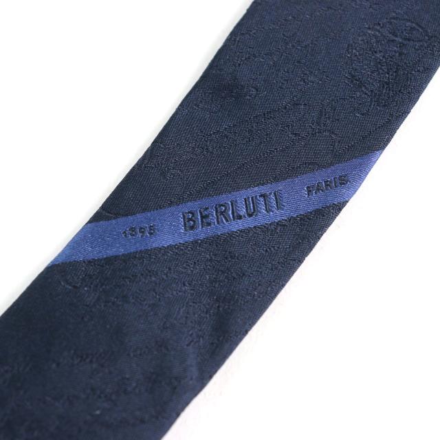 【極美品】ベルルッティ ネクタイ カリグラフィ ネイビー マルベリーシルク 美品○BERLUTI ベルルッティ マルベリーシルク100% カリグラフィ
