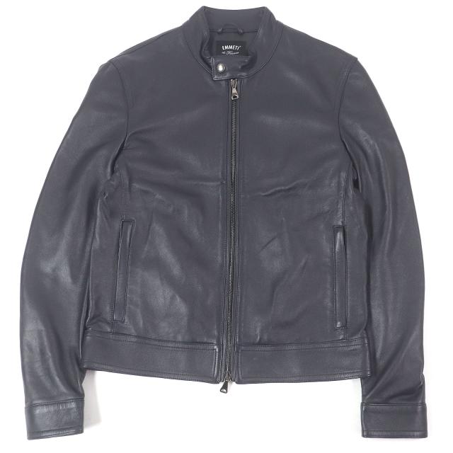 美品□EMMETI エンメティ JURI ユリ 羊革 ナッパレザー シングル ライダースジャケット ダークネイビー 44 イタリア製 正規品 メンズ